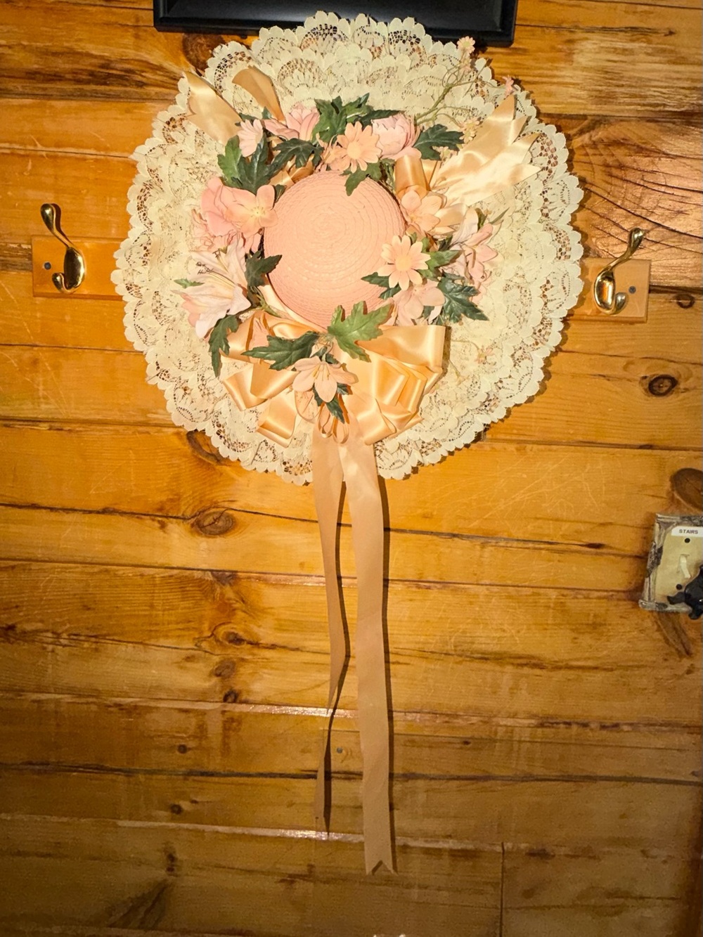 Vintage Pink Lace Wall Hat with Peach Ribbon and Flowers